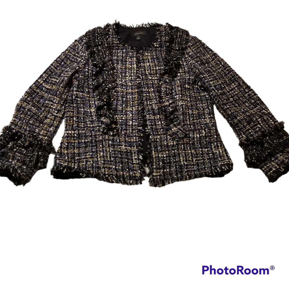 Ann Taylor Blue Multicolor Fringed Tweed Jacket Womens Size 6